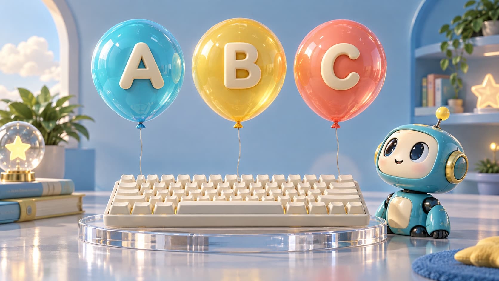 Robo, a friendly cartoon robot, sitting beside a keyboard with colorful balloons shaped like the letters A, B, and C.