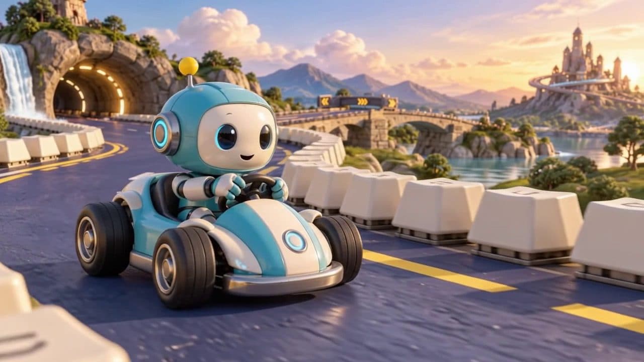 Preview of an animated video of Robo driving a go-kart along a track.