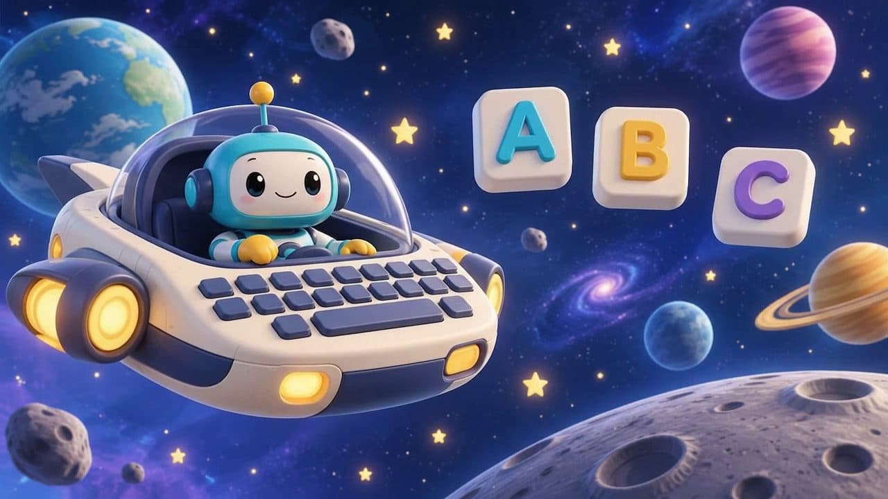 Preview of an animated video of Robo waving beside a keyboard and a toy spaceship.
