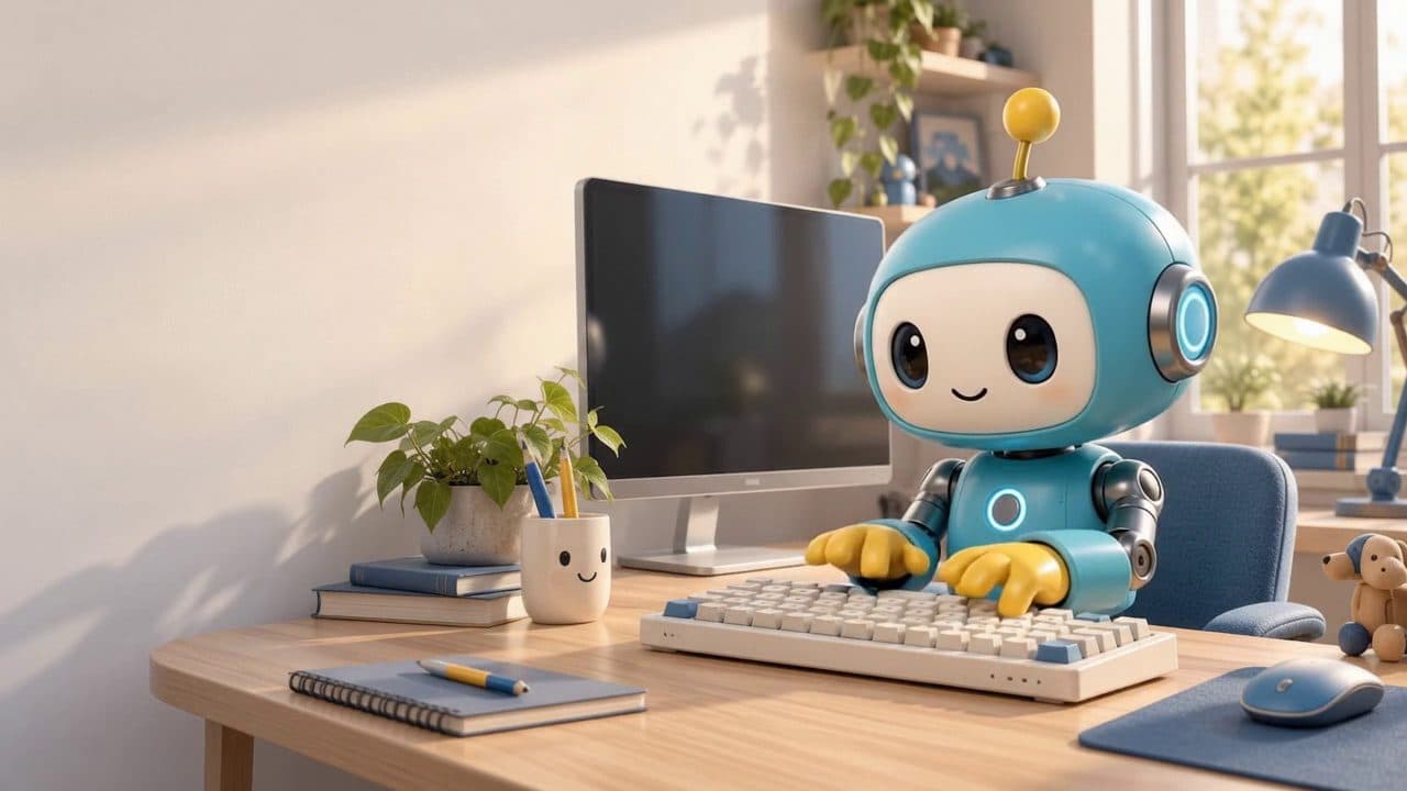 Preview of an animated video of Robo typing happily on a keyboard.