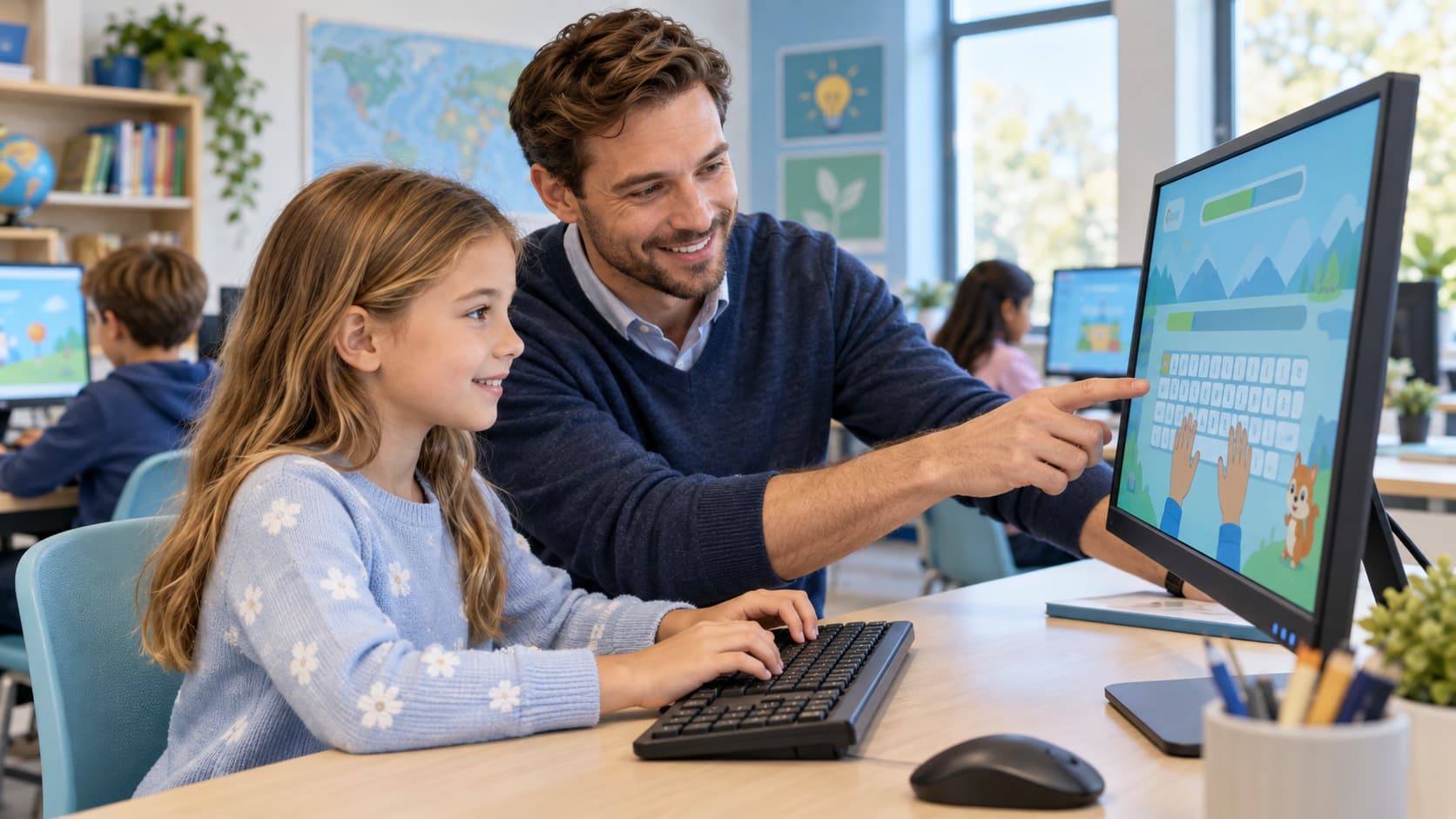 A teacher pointing out a letter on a student's typing lesson screen while the student smiles.